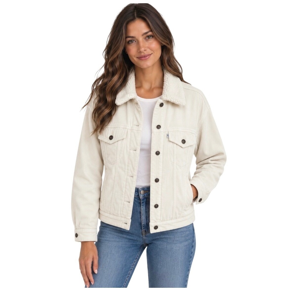 NWT Levis Ex-Boyfriend Sherpa Trucker Jacket Cream Corduroy Medium